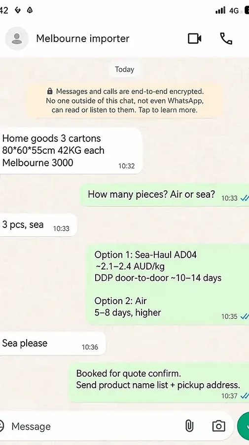 WhatsApp full Option quote — Melbourne sea DDP