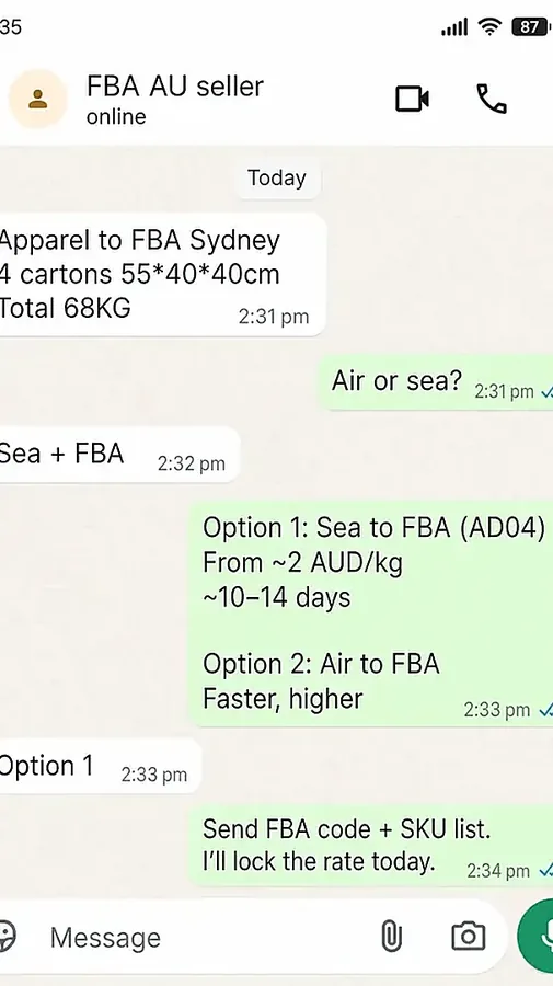 WhatsApp full Option quote — FBA sea vs air
